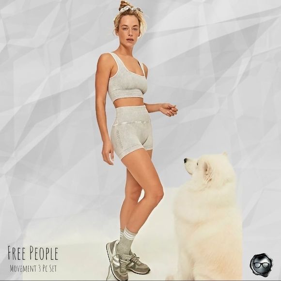 NWT FREE PEOPLE MOVEMENT GOOD KARMA 3 PC SET: BRA, LEGGINGS + SHORTS IN ICE … - Picture 2 of 10